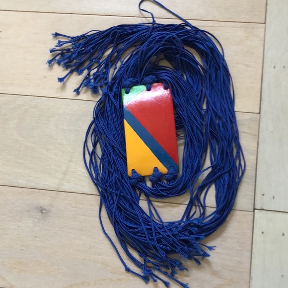 Blue cord wrap belt with multi color ceramic front; multi tie ends. - Picture 9 of 11